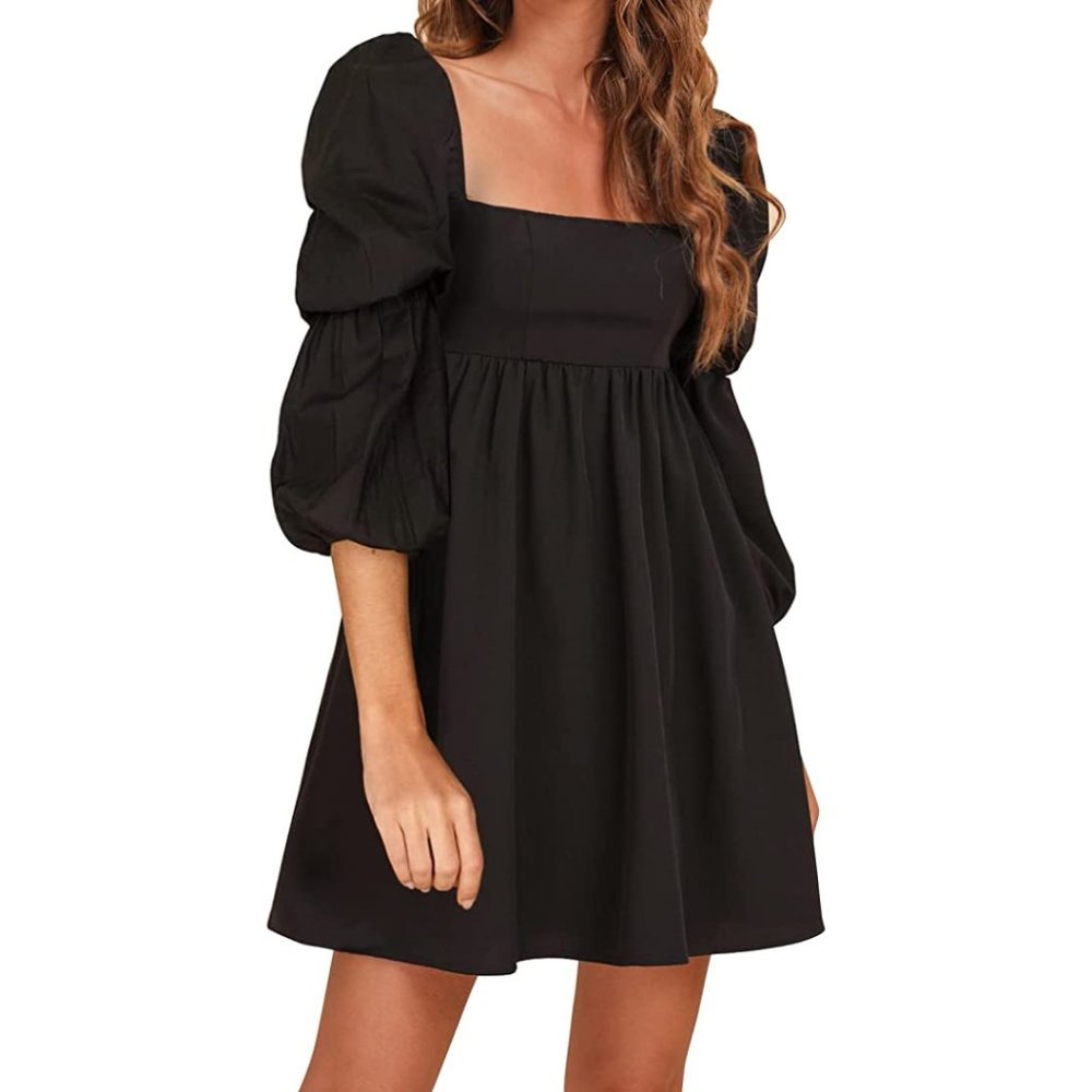 [NWT] Black Women's Square Neck Dress Long Puff Sleeve A-Line Mini Dress